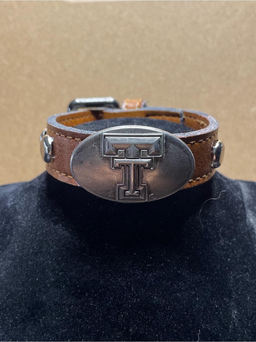 Brown Leather Bracelet with Silver Oval Texas Tech Emblem Anyone